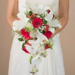 CASCADING ORCHID & RED ROSES BRIDAL BOUQUET