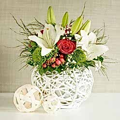 RED ROSES & WHITE LILIUM WEDDING ARRANGEMENT